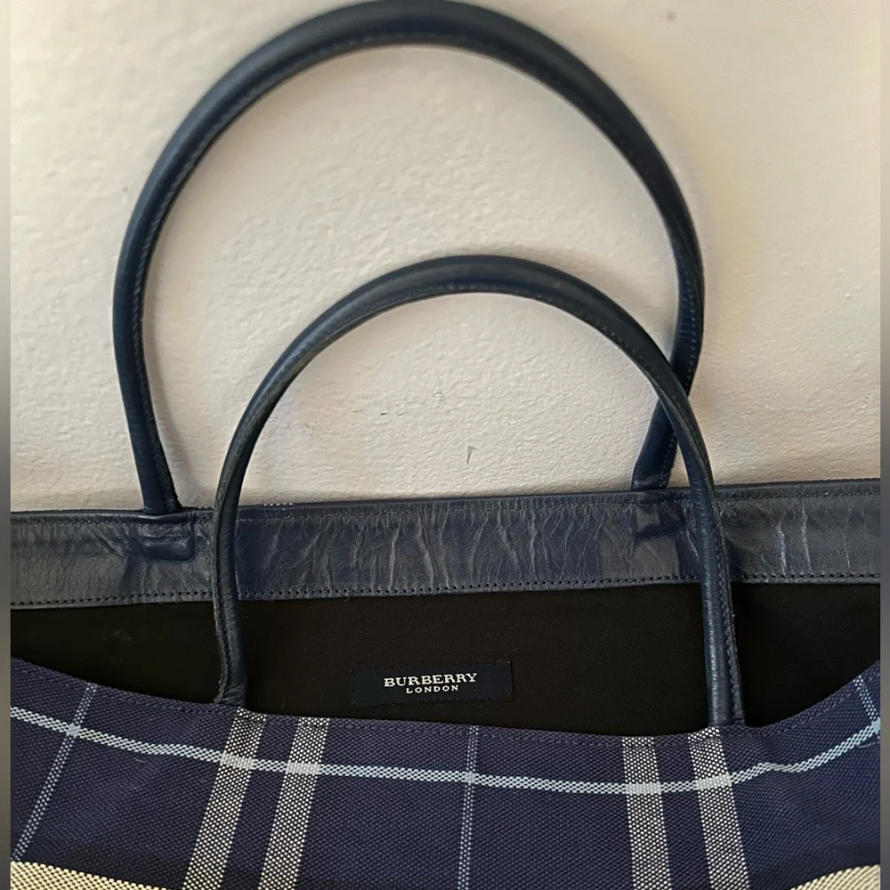 Burberry Navy and Cream Plaid Canvas Tote